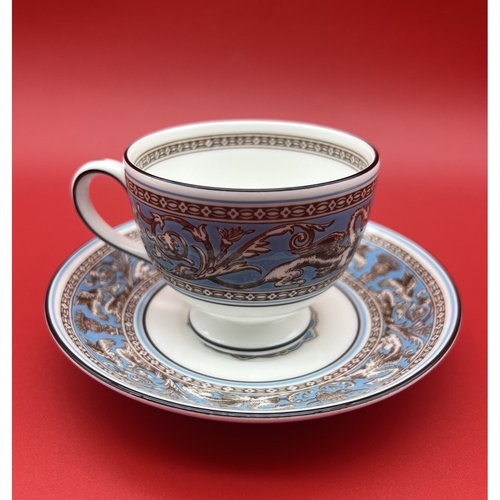 Vintage Wedgwood Turquoise Blue Florentine Tea Cup & Saucer Leigh Shape